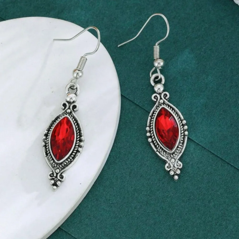 Silver Red Crystal Victorian Drop Earrings - Picture 2 of 6